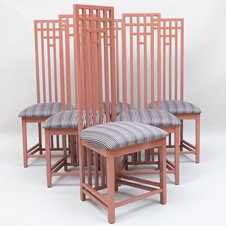 Set of Six Charles Rennie Mackintosh Style Lacquered Dining Chairs Upholstered in Sonia Rykiel Fabric