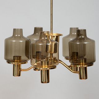 Hans-Agne Jakobsson Brass and Smoked Glass Five-Light Chandelier