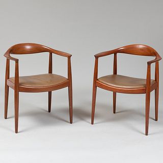 Pair of Hans Wegner for Knoll Teak and Leather JH503 'The Chair' Armchairs