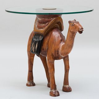 Painted Wood Camel Form Side Table with a Glass Top