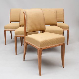 Set of Six Ruhlmann Style Oak and Upholstered Dining Chairs