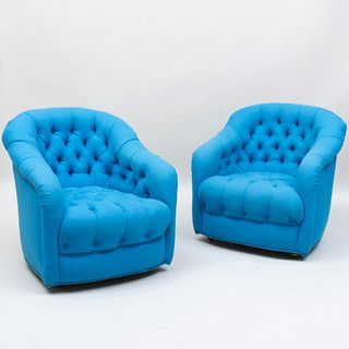 Pair of Tufted Turquoise Wool Tub Chairs