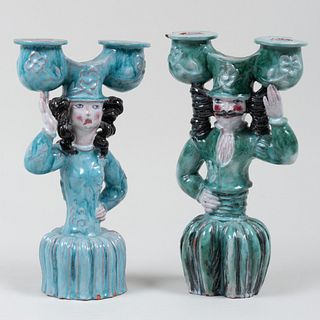 Near Pair of Wiener WerkstÃ¤tte Glazed Earthenware Figural Two-Light Candelabra