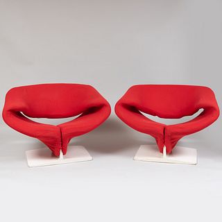 Pierre Paulin Designed Red Wool Upholstered 'Ribbon' Armchairs