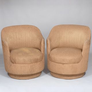 Pair of Corduroy Upholstered Swivel Tub Chairs