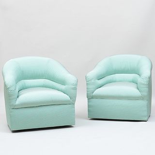 Pair of Milo Baughman Swivel Barrel Chairs Upholstered in Oscar de la Renta Silk