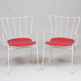 Pair of English Ernest Race Coated Metal and Stained Wood Armchairs