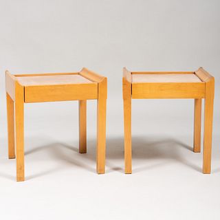 Pair of French Pear Wood Leather Top Tables, in the Style of Jean Michel Frank