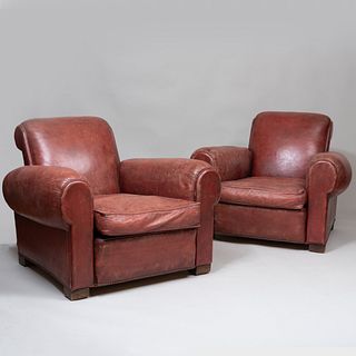 Pair of Modern French Brass-Studded Leather Club Chairs