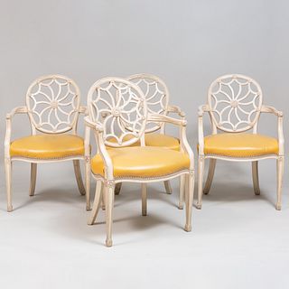 Set of Four George III Style White Painted Wheel Back Armchairs, of Recent Manufacture