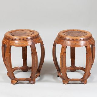 Pair of Chinese Carved Hardwood and Burl Inset Garden Seats