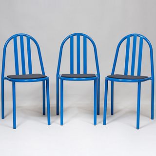 Set of Three Robert Mallet-Stevens Blue Coated Metal 'Bauhaus' Nesting Chairs, Model no. 222