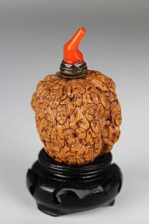 Qing Dynasty, Chinese Carved Walnut Snuff Bottle