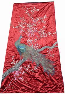 Large Japanese Handmade Peacock Silk Tapestry