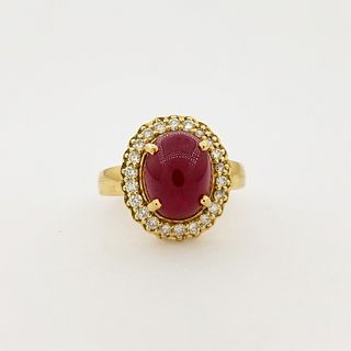 14K Gold Cabochon Ruby & Diamond Ring