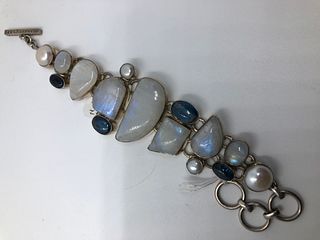 A Moonstone  Kynite & Pearl semi precious stone and Sterling silver Bracelet