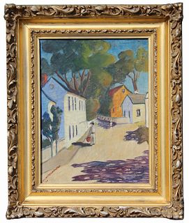 Signed, 1946 Street Scene Painting with Figure
