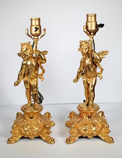 Antique Pair of Gilt Cherub Lamps