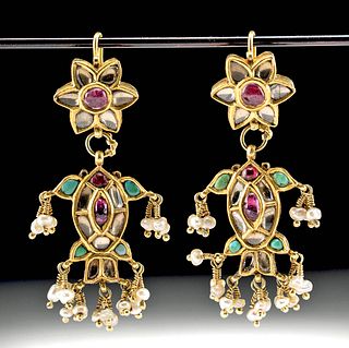 19th C Indian Earrings - Gold, Sapphire, Rubies, Pearls