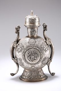 A LARGE TIBETAN WHITE-METAL VASE AND COVER, 19TH CENTURY, ovoid form with s