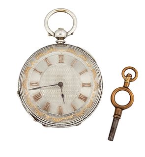 A WHITE METAL POCKET WATCH, circular silver dial with gilt decoration, roma