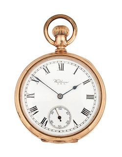 A GOLD PLATED WALTHAM POCKET WATCH, circular white enamel dial with black r
