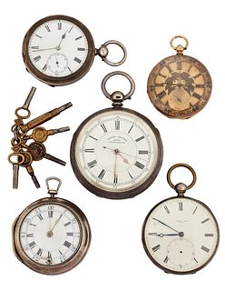 FIVE POCKET WATCHES FOR SPARES OR REPAIR, including a watch stamped K18 wit