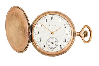 A ROLLED GOLD ELGIN HUNTER POCKET WATCH,?circular ivory dial with arabic nu