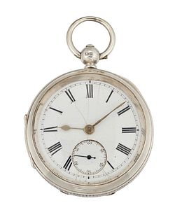 A HALLMARKED SILVER OPEN FACED POCKET WATCH, circular white enamel dial wit