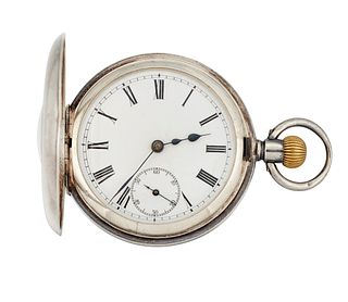 A HALLMARKED SILVER HALF HUNTER OMEGA POCKET WATCH, circular white dial wit