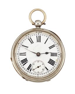A STEEL OPEN FACED POCKET WATCH, circular white enamel dial with black roma