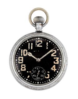 AN OPEN FACED WALTHAM MILITARY POCKET WATCH, circular black dial with ivory