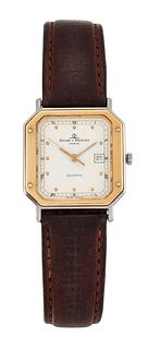A MID SIZE BAUME & MERCIER WATCH. Rectangular ivory dial with gilt dot mark