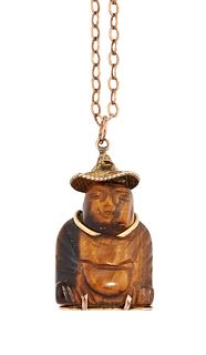 A 14CT TIGER'S EYE BUDDHA PENDANT,?the carved tiger's eye buddha with gold 