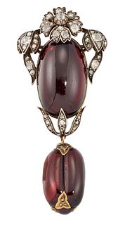 A 19TH CENTURY GARNET AND DIAMOND BROOCH, the oval garnet with old cut and 