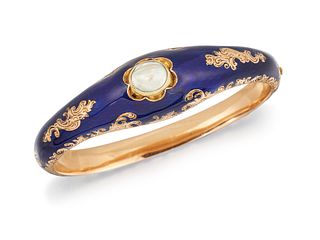 A 19TH CENTURY PEARL AND ENAMEL BANGLE, the tapering bangle set to centre w