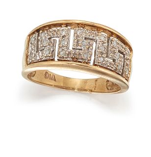 A 9CT DIAMOND RING, the diamond set Greek key design, diamonds estimated ap