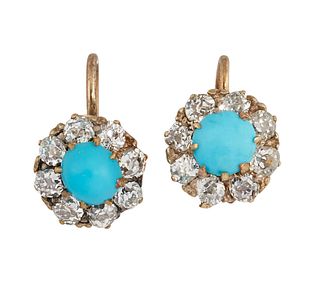 A PAIR OF TURQUOISE AND DIAMOND EARRINGS, the round turquoise cabochons, cl