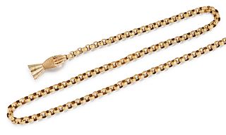 A 14CT GOLD FANCY LINK LONG CHAIN AND HAND CLASP, the textured fancy link c