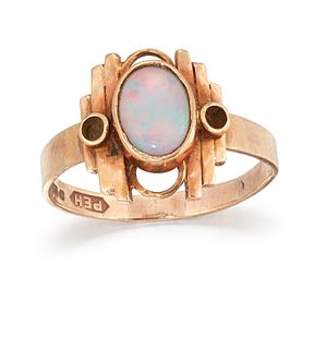 A 9CT OPAL RING, the oval opal cabochon, collet mounted with three graduate