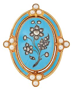 A FRENCH 19TH CENTURY ENAMEL, PEARL AND DIAMOND BROOCH, the oval blue ename