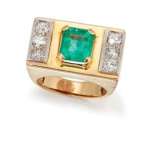 AN EMERALD AND DIAMOND RING, the square emerald cut emerald, in a four-claw