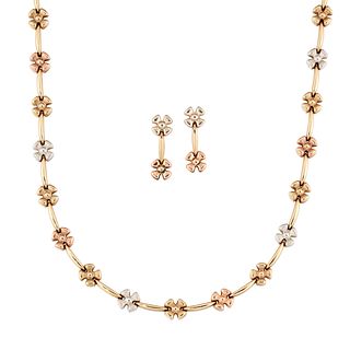 A 9CT TRI-COLOURED GOLD FANCY LINK NECKLACE AND MATCHING EARRINGS, comprise