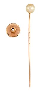 A 9CT GOLD 'PEARL' CONVERTIBLE STICKPIN, the creamy coloured 'pearl', appro