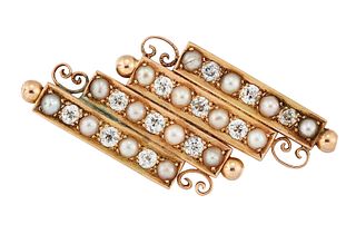 A PEARL AND DIAMOND BROOCH, the four rows set with old cut diamonds and spl