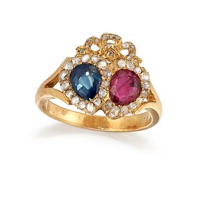 A NINETEENTH CENTURY FRENCH SAPPHIRE, RUBY AND DIAMOND HEART RING, the pear