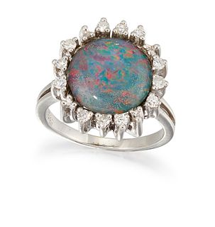 A 14CT BLACK OPAL AND DIAMOND RING, the round opal cabochon, approx. 12.4 x