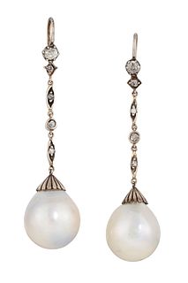 A PAIR OF DIAMOND AND PEARL EARRINGS, the old cut and rose cut diamonds, to
