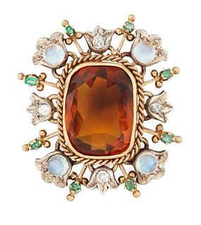 A 15CT CITRINE, MOONSTONE, DIAMOND AND EMERALD BROOCH,?the central rectangu