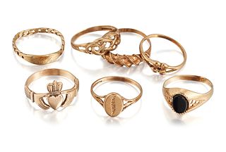 SEVEN 9CT GOLD RINGS, seven various 9ct rings, one set with an onyx cabocho